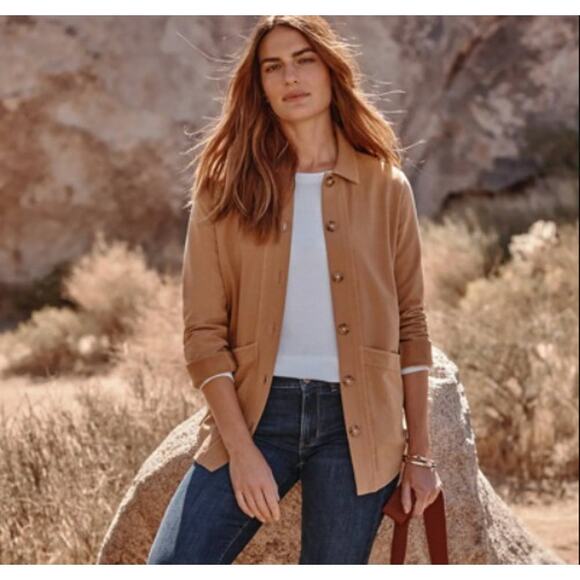 J Jill Modern Barn Knit Shacket Jacket Button Tan Camel Soft Casual, M Petite - Picture 1 of 10